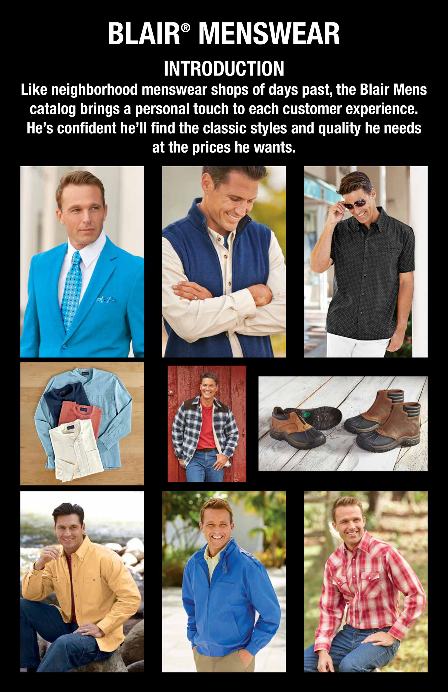 Blair Menswear introduction board: brand statement over a grid of product and model photography.