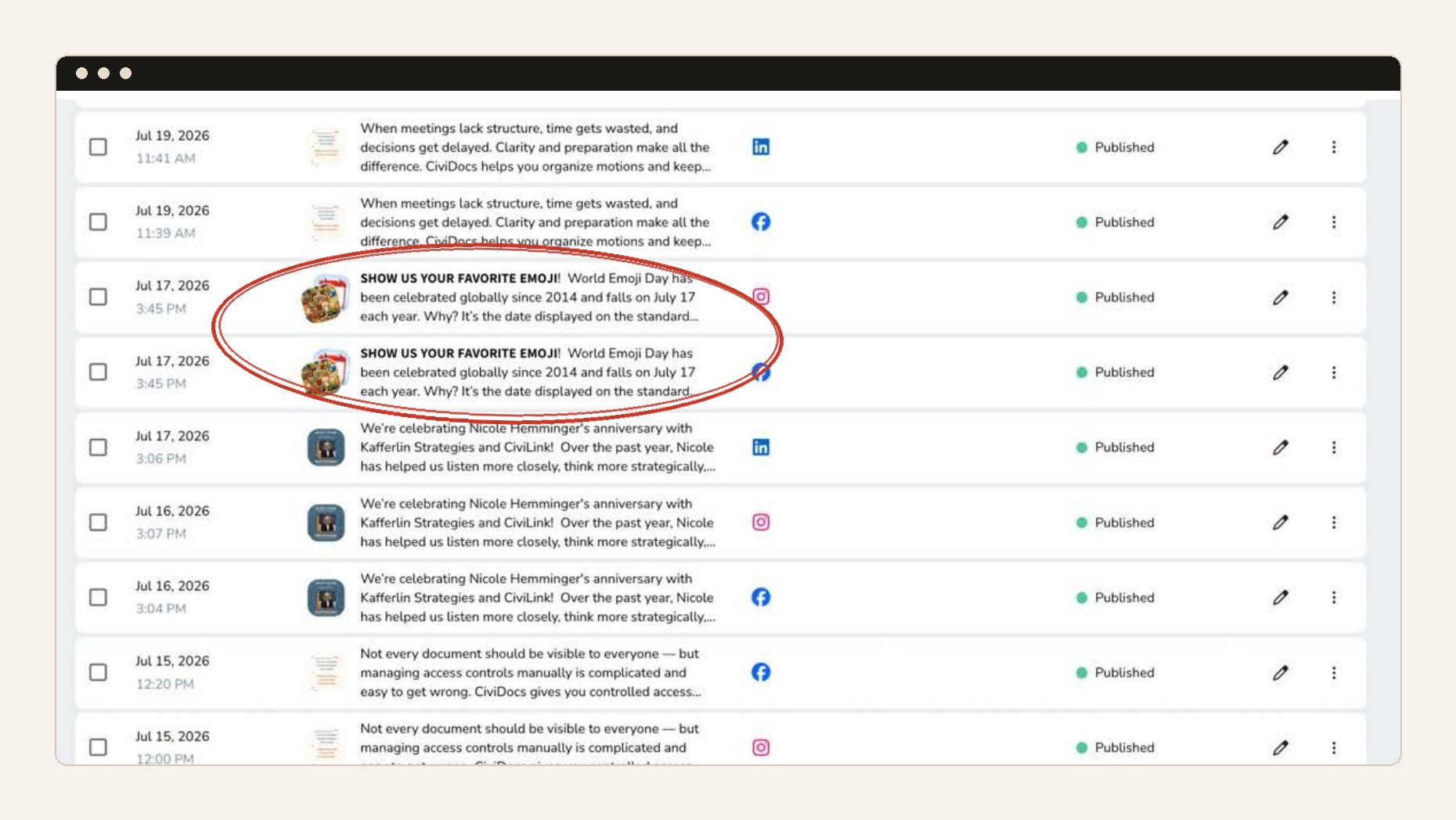 Metricool planner list of published CiviLink posts in a browser frame, each topic posted once per platform, with the World Emoji Day post circled in red.
