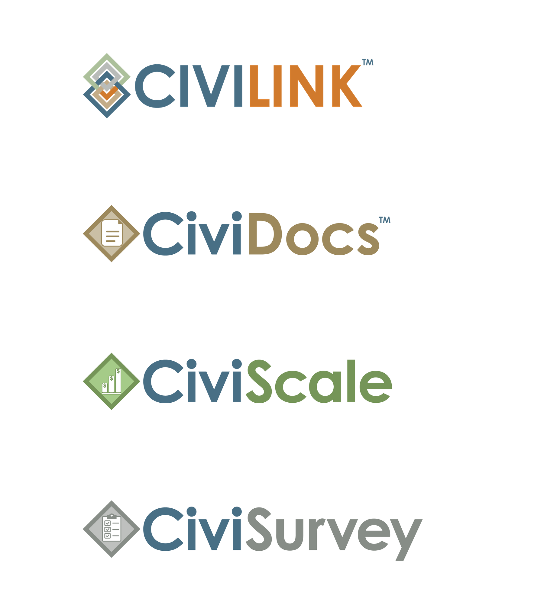 The CiviLink master logo and the CiviDocs, CiviScale, and CiviSurvey product lockups, each monochromatic with a shared Civic Blue prefix.