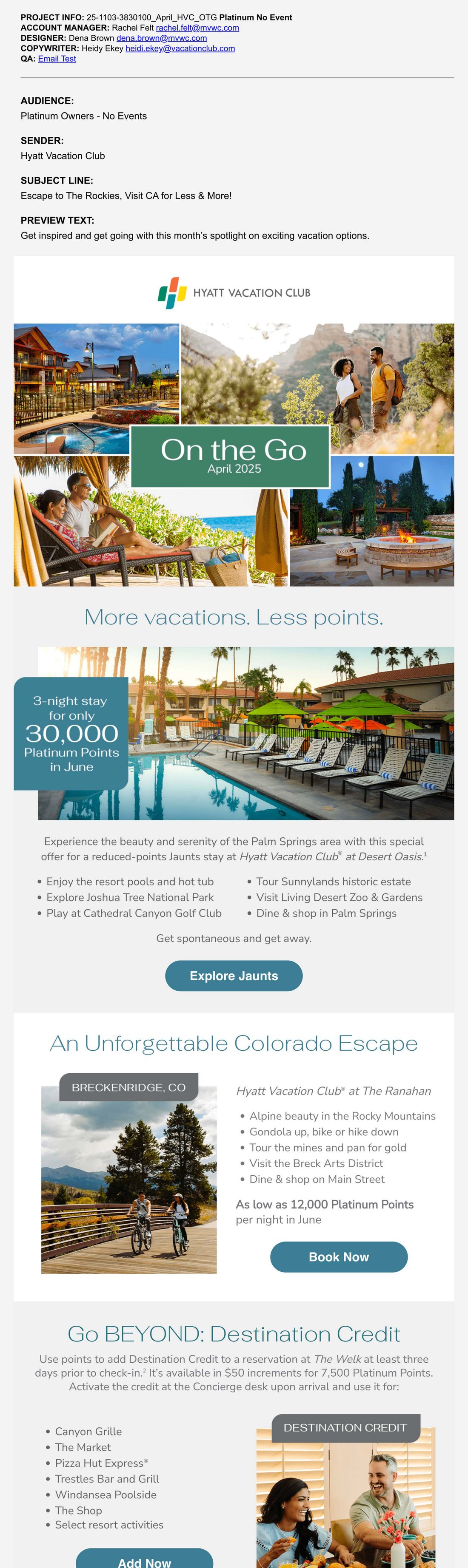 Hyatt Vacation Club On the Go lifecycle email, full length.