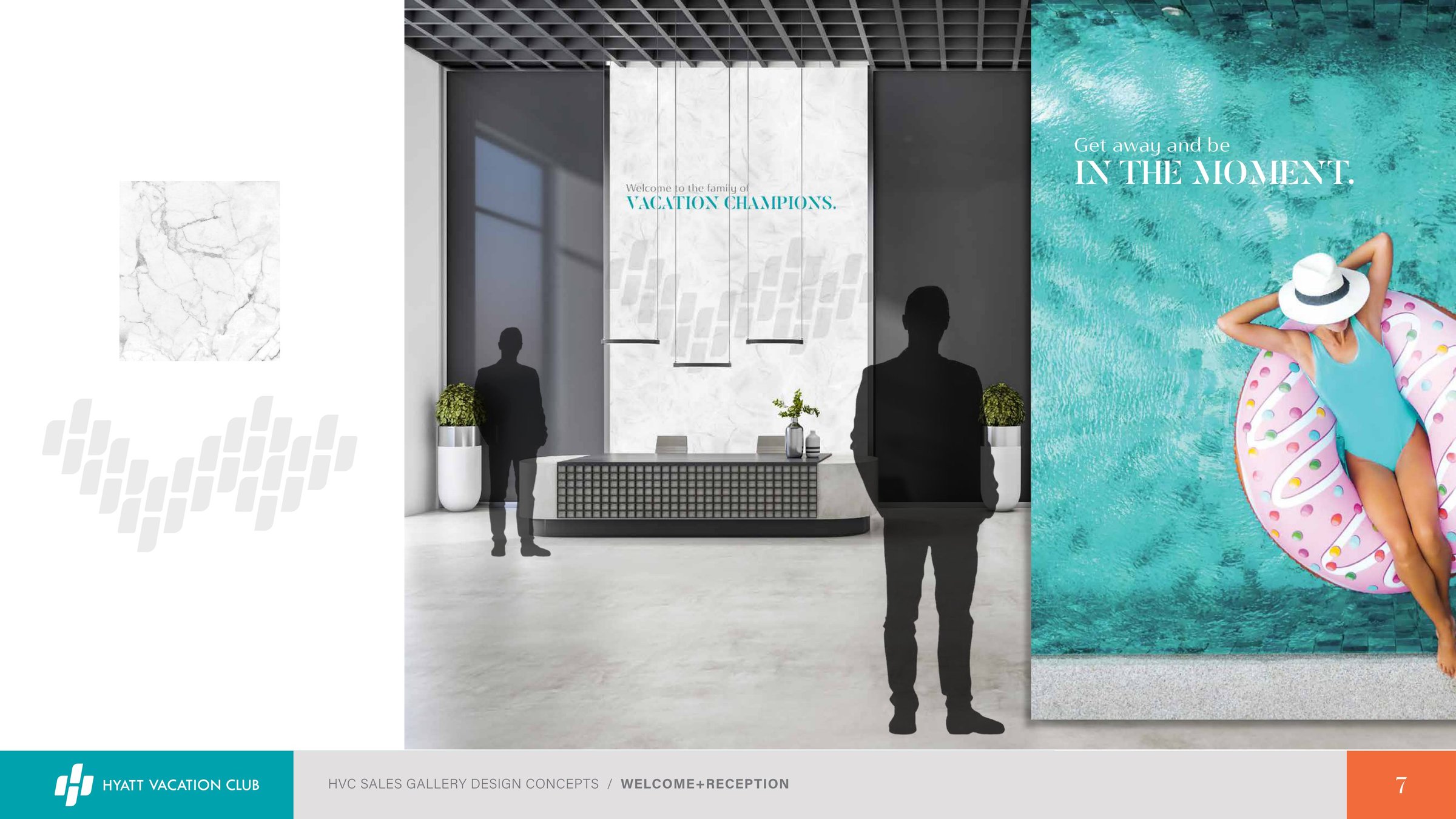 Sales gallery concept: dimensional wall lettering reading Get away and be in the moment.