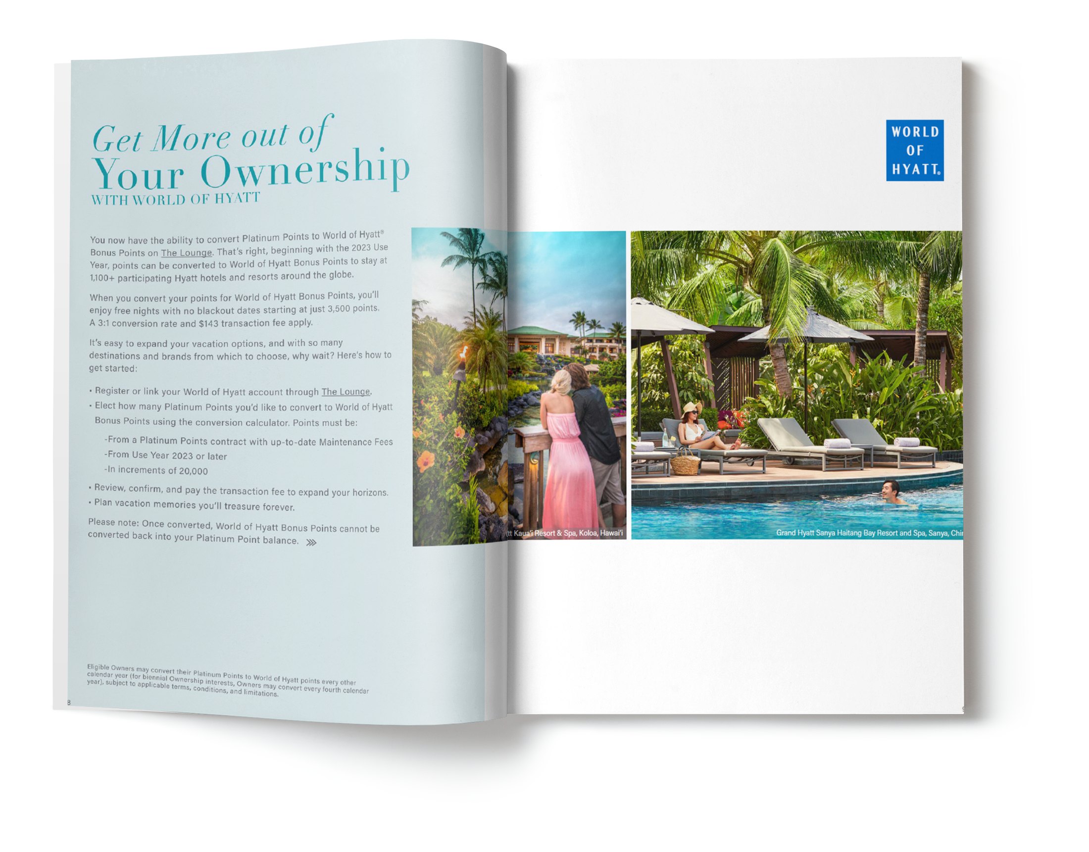 Hyatt Vacation Focus newsletter interior spread.