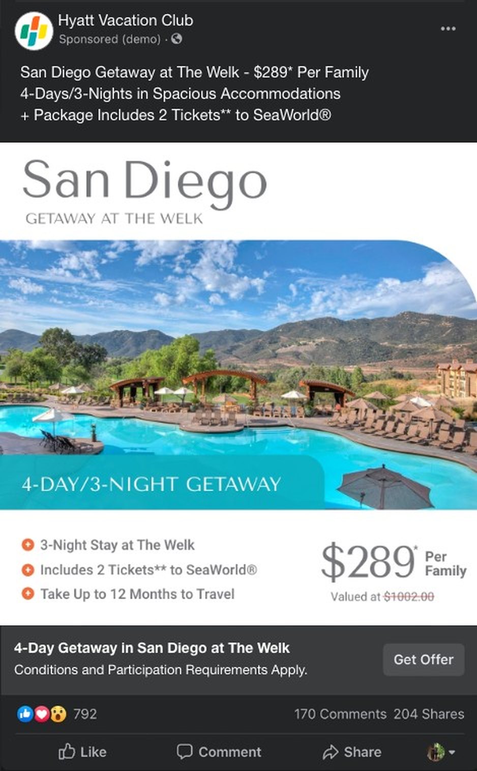 Ad comp two of five for the San Diego getaway offer, in a Facebook preview frame.