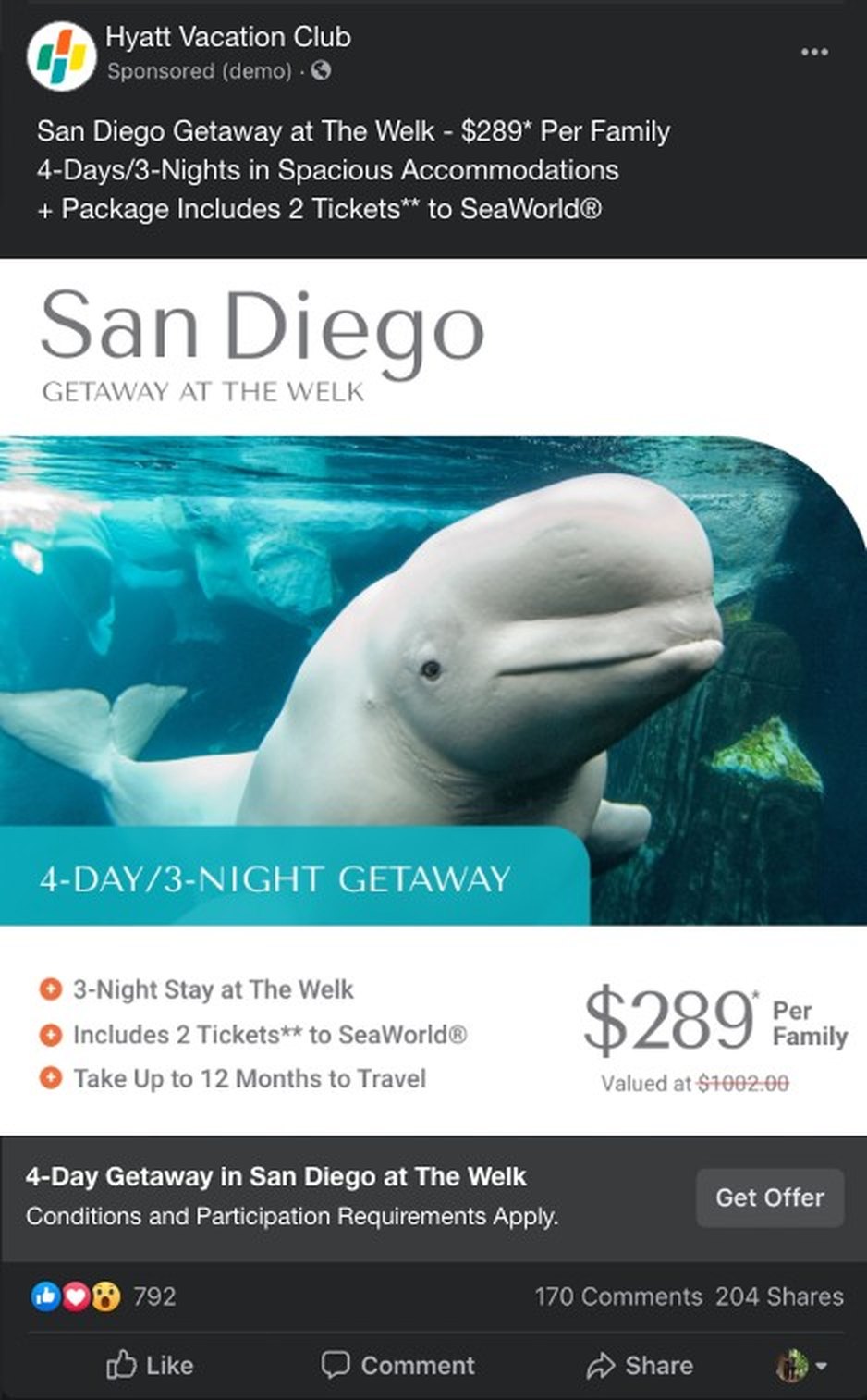 Ad comp three of five for the San Diego getaway offer, in a Facebook preview frame.