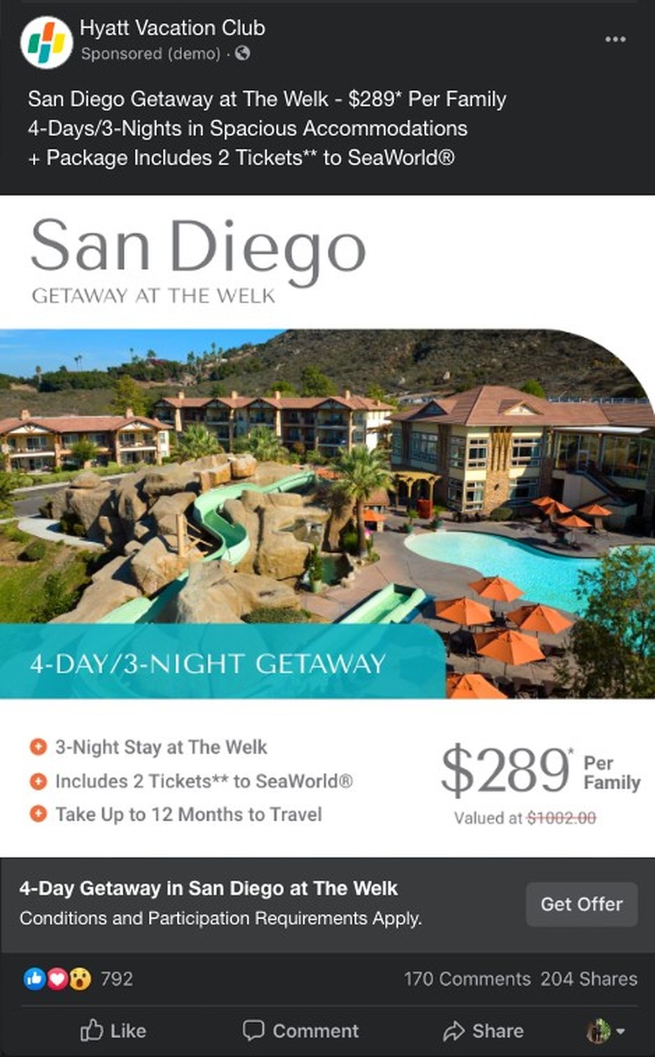 Ad comp four of five for the San Diego getaway offer, in a Facebook preview frame.