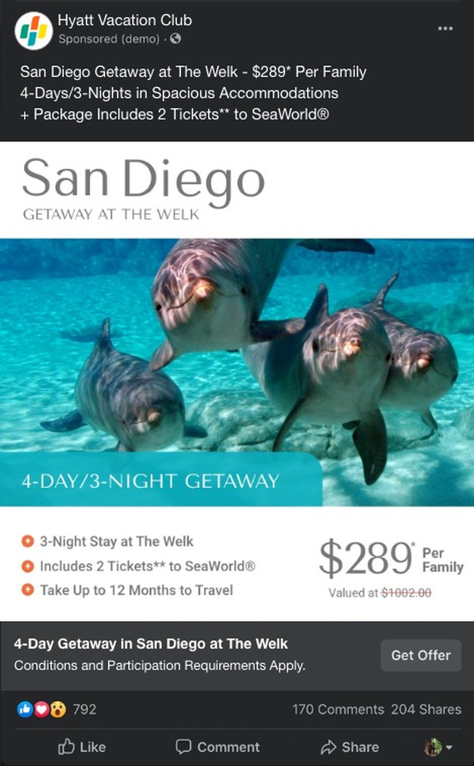 Ad comp five of five for the San Diego getaway offer, in a Facebook preview frame.