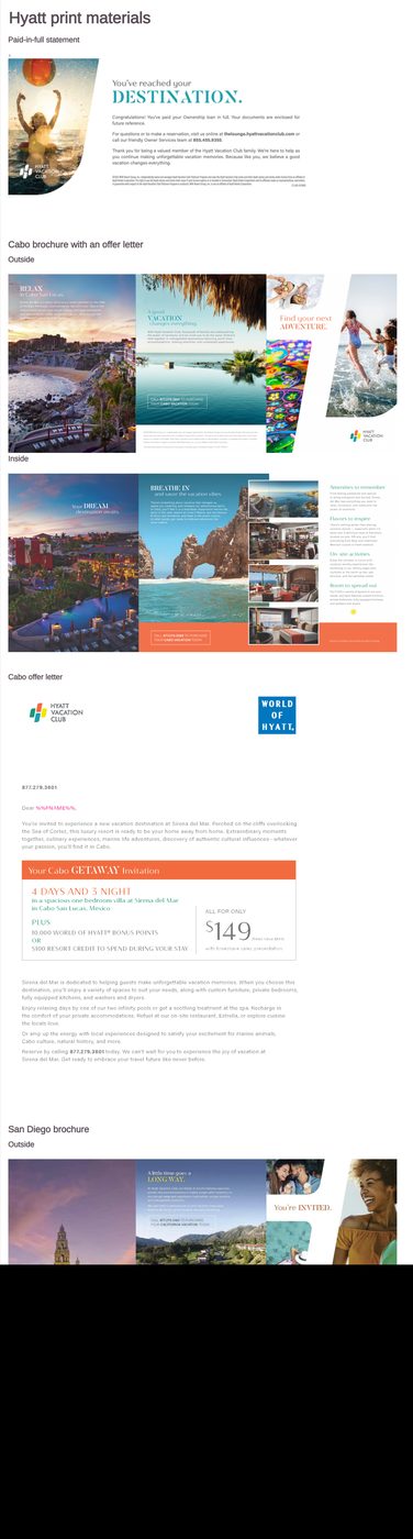 Printed Hyatt Vacation Club collateral showing headline hierarchy and body copy.