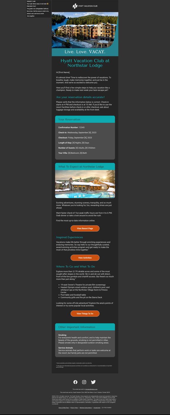 Pre-arrival email journey layout for a Hyatt Vacation Club resort, showing a sequence of message templates.
