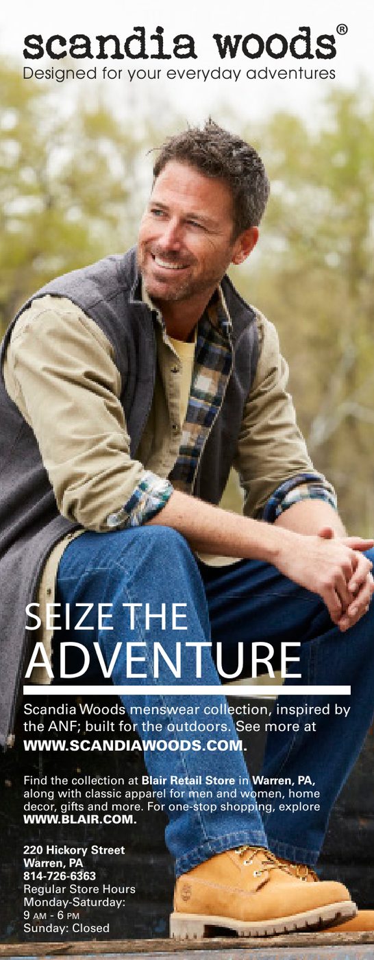 Scandia Woods advertisement featuring outdoor apparel.