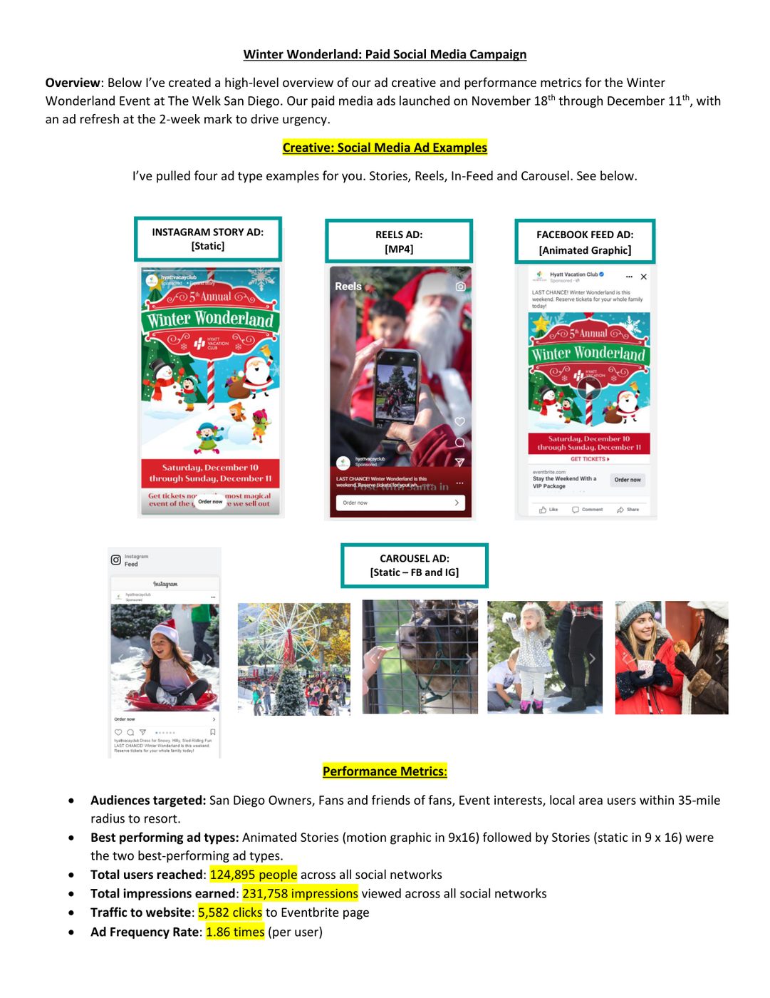 Paid social advertisements for a Winter Wonderland owner event, shown as a set of square and vertical layouts.